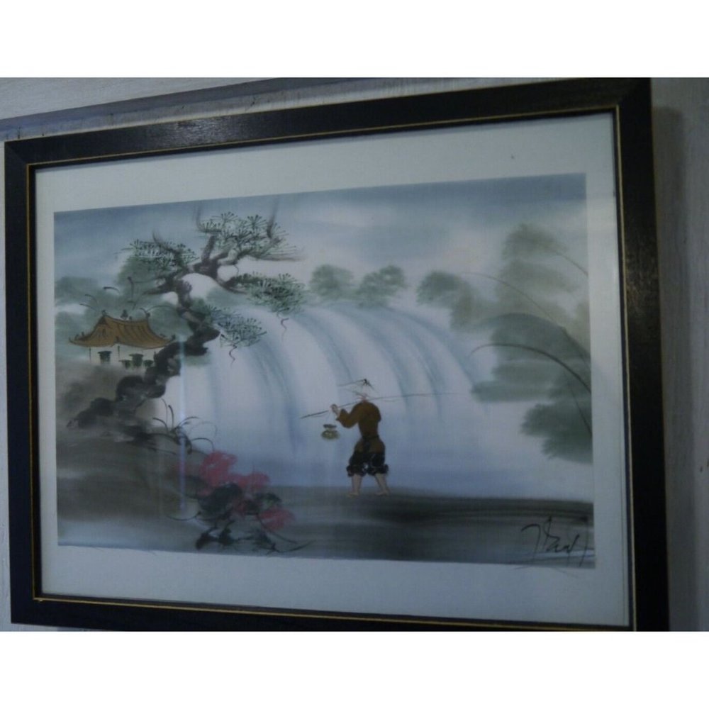Vietnamese Seascape Fisherman Waterfall? Original Painting On Silk Framed Trees